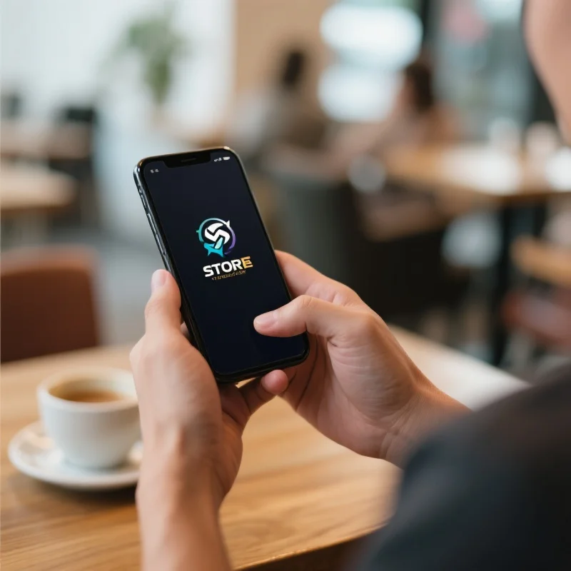 一个人在咖啡厅用手机操作风暴娱乐应用，环境轻松，背景模糊突出手机屏幕