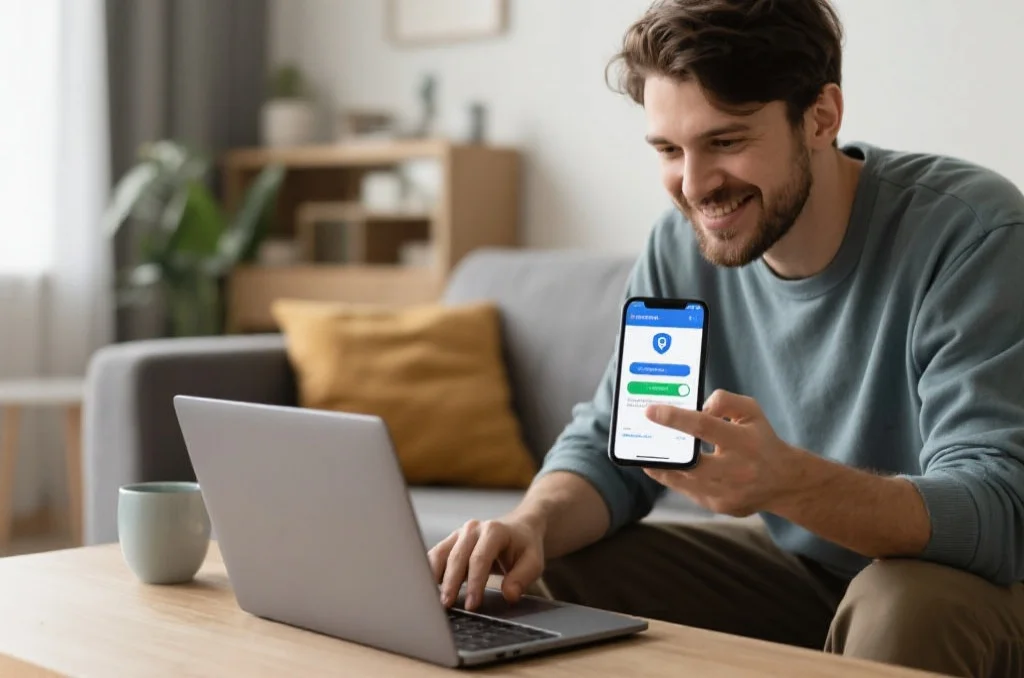 现代人在家中使用笔记本电脑和手机，正在更新应用程序以确保数据安全